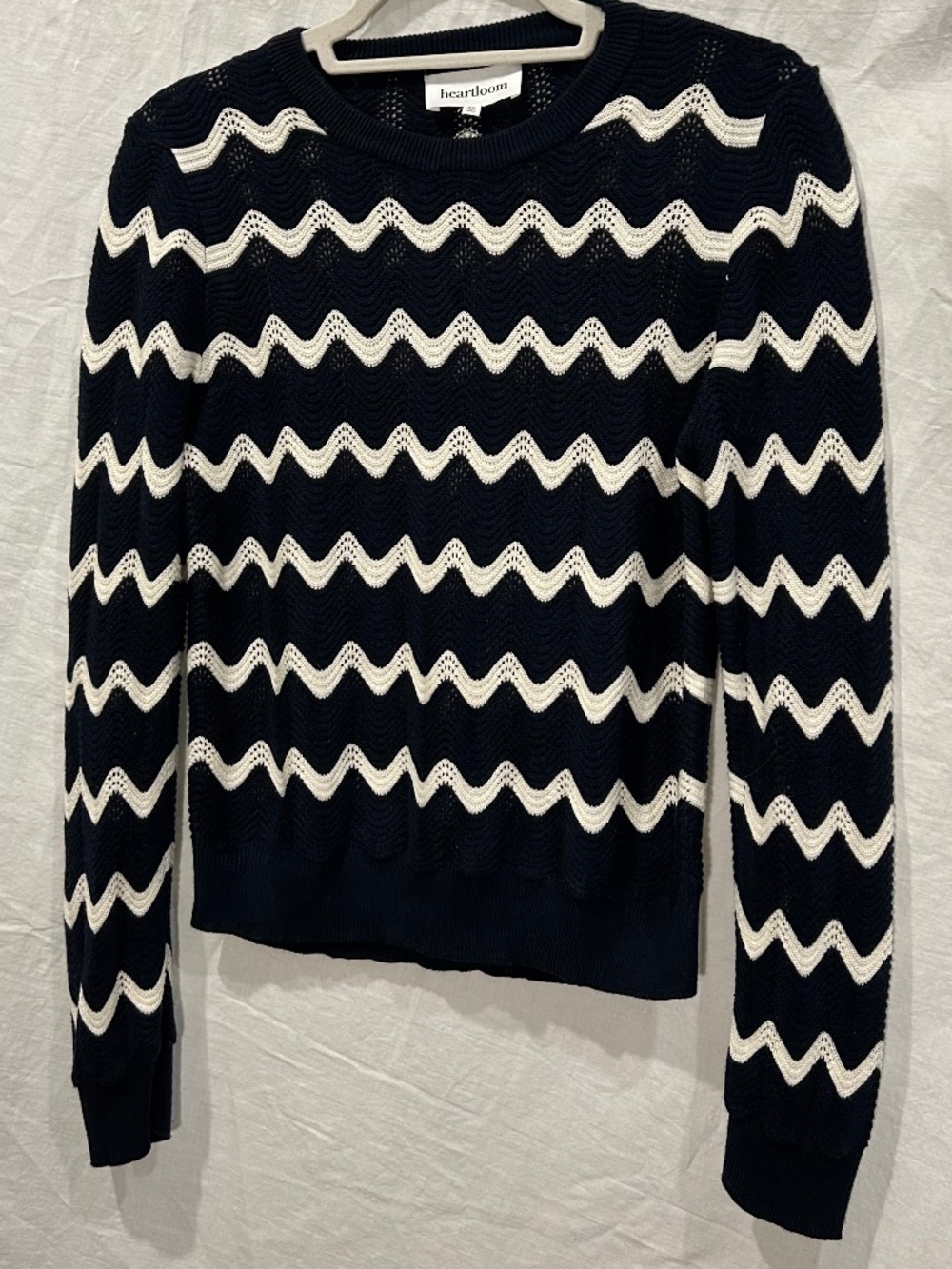 heartlom NEW blue white crochet knit ocean wave print cotton sweater XS